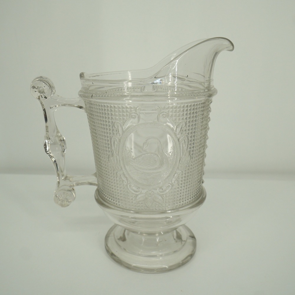 EAPG Swan Pattern Water Pitcher Antique Clear Glass Footed Victorian 9in‎